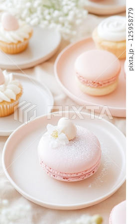 Delicate pastel-hued desserts arranged with minimalist elegance, showcasing refined tarts, airy macarons, and gluten-free cupcakes 125958779