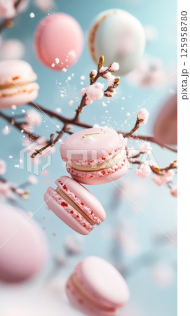 Pastel macarons floating above a marble surface, showcasing hand-painted details and enchanting elegance in an Easter setting Pastel macarons floating above a marble surface, showcasing hand-painted details and enchanting elegance in an Easter setting 125958780