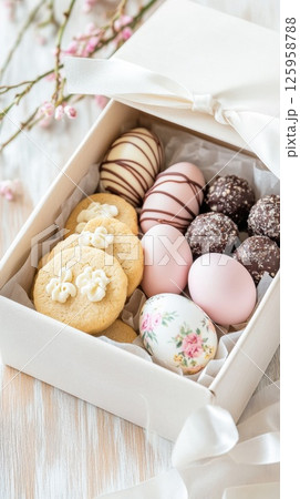 Elegant Easter gift box featuring artisanal sweets and handmade cookies with floral designs and chocolates on a neutral backdrop 125958788