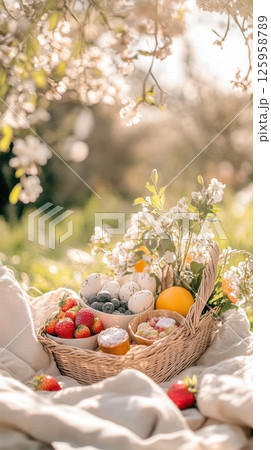 Beautifully arranged Easter picnic basket in a blooming spring garden with gluten-free treats and pastel eggs 125958789