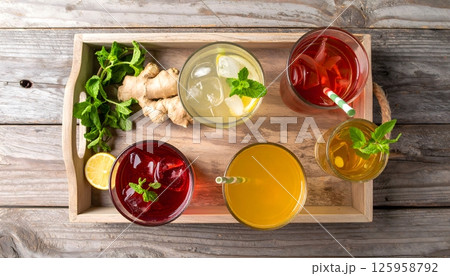 Refreshing Herbal Teas with Ginger, Honey, Lemon, and Mint Top View 125958792