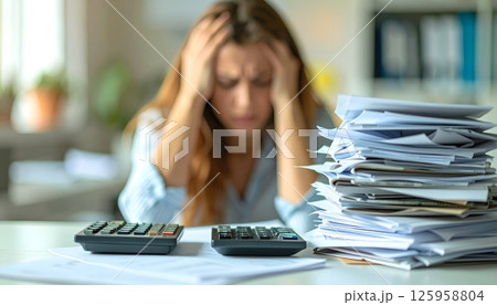Woman Frustrated with Pile of Bills and Calculator on Desk 125958804