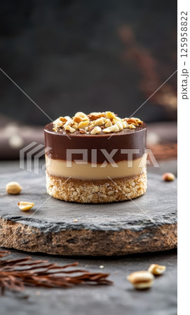 Elegant nutty cream dessert with glossy chocolate layer on rustic stone plate Elegant nutty cream dessert with glossy chocolate layer on rustic stone plate 125958822