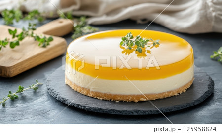Cinematic layered fruit cheesecake with glossy glaze and organic decor on dark slate Cinematic layered fruit cheesecake with glossy glaze and organic decor on dark slate 125958824