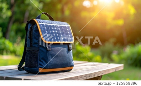 Modern Solar Backpack on Wooden Table in Sunny Garden 125958896