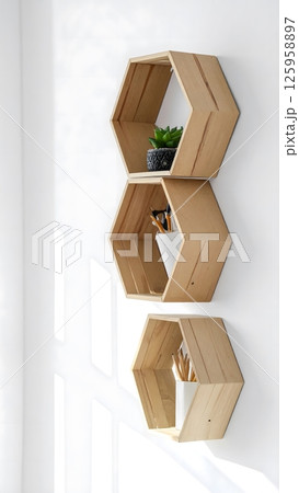Three Modern Wooden Hexagonal Wall Shelves with Minimalist Decoration 125958897