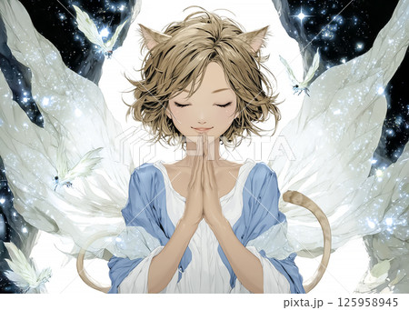 願いを唱えるネコの妖精のイラスト素材 125958945