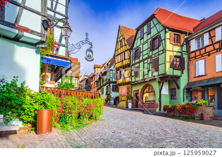Riquewihr is a charming medieval Alsace village in France, known for its half-timbered houses, vineyards and cobblestone streets. Riquewihr is a charming medieval Alsace village in France, known for its half-timbered houses, vineyards and cobblestone streets. 125959027