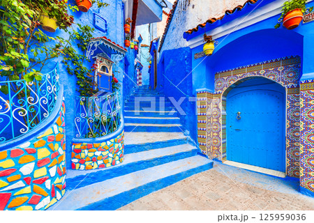 Morocco, Chefchaouen. Moroccan town known for its blue-painted streets 125959036