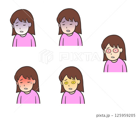 蒼白、黄疸、発熱などで顔に症状が出ている女性のイラスト 蒼白、黄疸、発熱などで顔に症状が出ている女性のイラスト 125959205