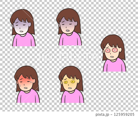 蒼白、黄疸、発熱などで顔に症状が出ている女性のイラスト 蒼白、黄疸、発熱などで顔に症状が出ている女性のイラスト 125959205