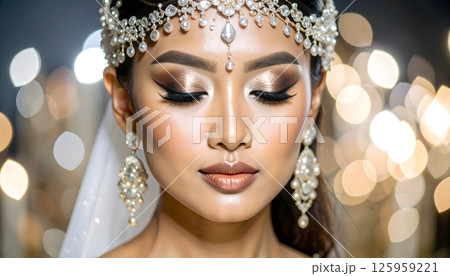 A woman with gold and white earrings and a gold and white headpiece 125959221