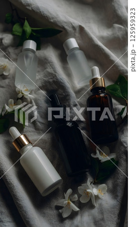 A collection of small bottles of perfume are arranged on a table 125959323