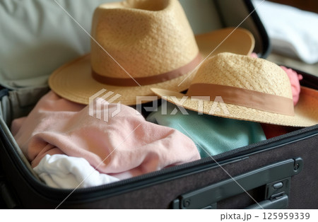 Travel suitcase with clothes and two straw hats for Family Leisure, close-up Travel suitcase with clothes and two straw hats for Family Leisure, close-up 125959339