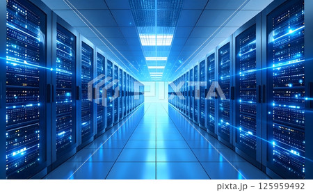 A long blue room with many computer servers 125959492