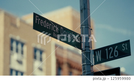 Frederick Douglass Boulevard and West 126th Street signs in Manhattan, New York City 125959980