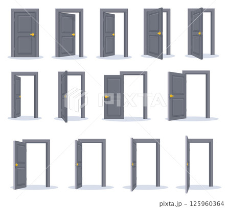 Open Door Sequence Icons. Modern Gray Doors Set, Entrance and Exit Elemnts 125960364