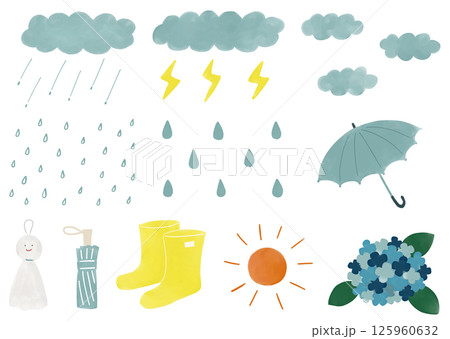 梅雨の手描き風イラストセット 125960632