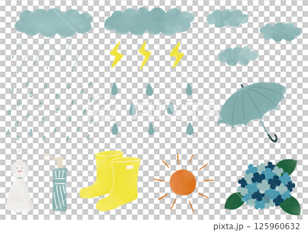 梅雨の手描き風イラストセット 125960632