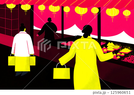 A lively market filled with colorful lanterns and enthusiastic shoppers celebrating commerce 125960651