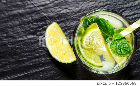 A Refreshing Lime Mint Beverage Served with Ice to Keep You Cool and Hydrated on Hot Days 125960669
