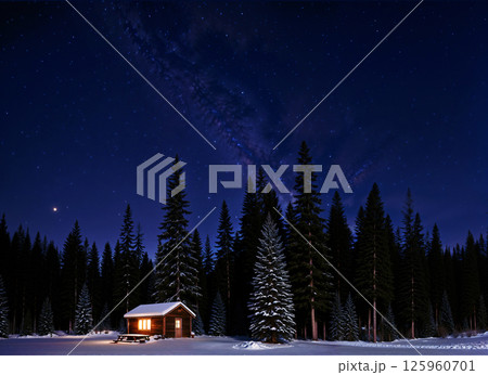 A Serene Winter Cabin Nestled Under a Sparkling Starry Sky, Exuding Tranquility and Charm 125960701