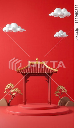 Set of Chinese pavilions with clouds on red background for festive and cultural design themes Set of Chinese pavilions with clouds on red background for festive and cultural design themes 125960855