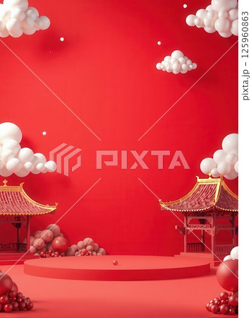 Set of Chinese pavilions with clouds on red background for festive and cultural design themes Set of Chinese pavilions with clouds on red background for festive and cultural design themes 125960863