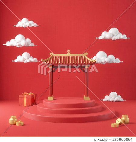 Set of Chinese pavilions with clouds on red background for festive and cultural design themes Set of Chinese pavilions with clouds on red background for festive and cultural design themes 125960864