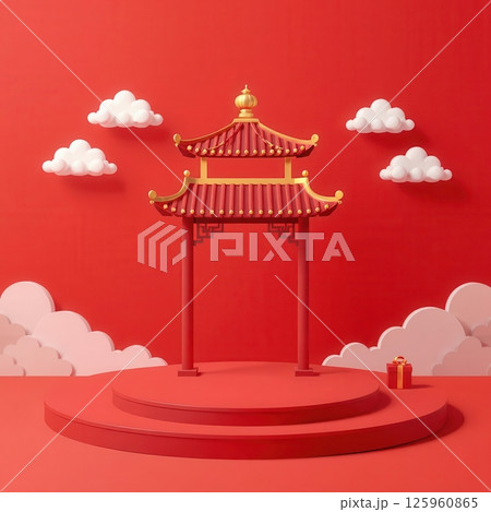 Set of Chinese pavilions with clouds on red background for festive and cultural design themes 125960865