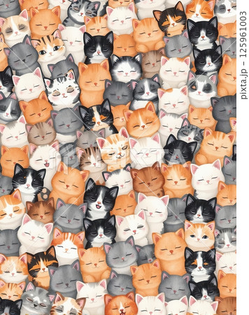 Seamless pattern of thousands of cute fluffy cats in various colors packed tightly together 125961003
