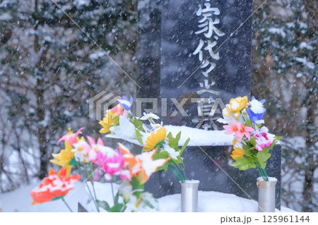 お墓の墓石 雪の積もった仏花 お墓の墓石 雪の積もった仏花 125961144