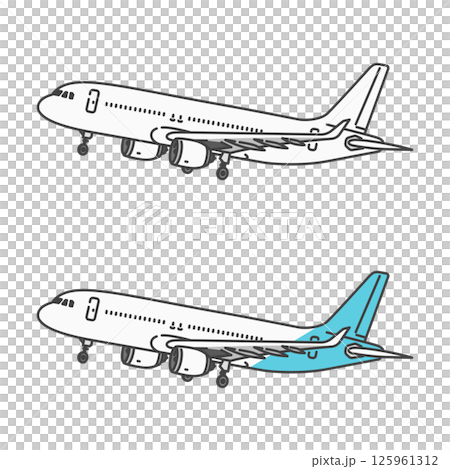 イラスト素材:国内旅行・国内線・短距離路線の旅客機/飛行機、着陸態勢 (自由に色変更OK! 125961312