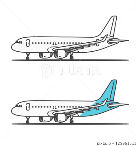 イラスト素材:国内旅行・国内線・短距離路線の旅客機/飛行機、ランプに駐機状態 (自由に色変更OK!) 125961313