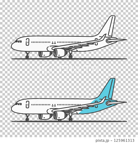 イラスト素材:国内旅行・国内線・短距離路線の旅客機/飛行機、ランプに駐機状態 (自由に色変更OK!) 125961313