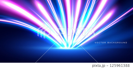 Hi-speed blue and pink neon wave beams rays on dark blue background. Speed motion moving concept. 125961388
