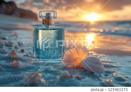 Modern perfume bottle adorned with water droplets and a subtle light reflection on summer beach background. 125961573