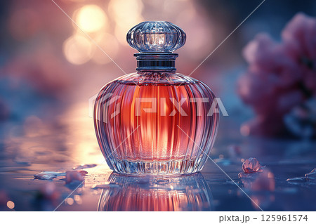 Premium perfume bottle covered in dew drops. Luxury fragrance marketing, product photography and beauty blogs. 125961574