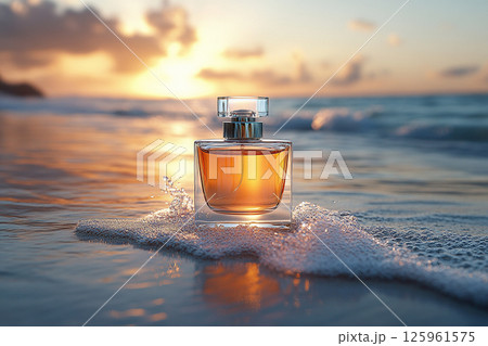 Modern perfume bottle adorned with water droplets and a subtle light reflection on summer beach background. 125961575