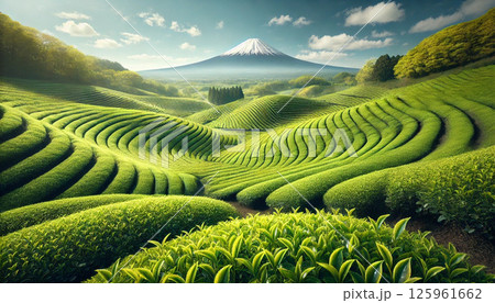 若葉と新緑の茶畑と冠雪の富士山 125961662
