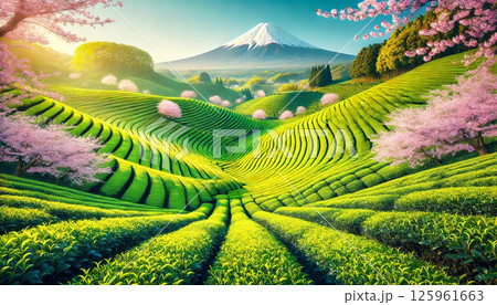 若葉と新緑の茶畑と冠雪の富士山 若葉と新緑の茶畑と冠雪の富士山 125961663