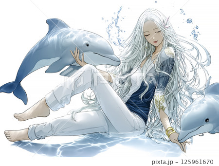 イルカと遊ぶイルカの妖精のイラスト素材 125961670
