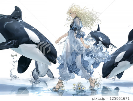 複数のシャチを引き連れるシャチの妖精のイラスト素材 125961671