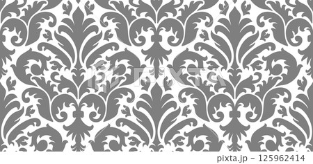 Seamless damask pattern with repeating floral motifs in grayscale for sophisticated designs. 125962414