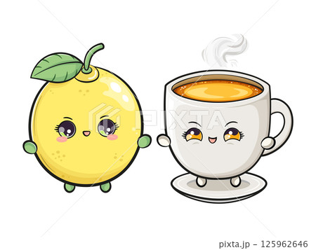 A friendly Lemon and a Tea Cup are depicted with kawaii-style faces and cheerful expressions. 125962646