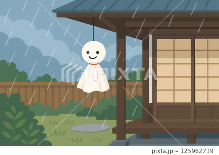 縁側に吊るされたてるてる坊主と梅雨の雨 125962719