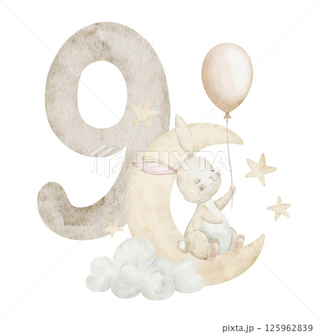 Watercolor illustration of cute Bunny on cloud with balloon and number nine for children birthday design or monthly milestone greeting cards in pastel beige colors. Art of Rabbit for Baby invitations. 125962839