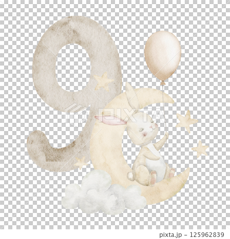 Watercolor illustration of cute Bunny on cloud with balloon and number nine for children birthday design or monthly milestone greeting cards in pastel beige colors. Art of Rabbit for Baby invitations. 125962839