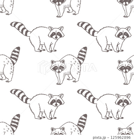 Seamless pattern with cute hand drawn raccoons. Raccoons on a white surface. Sketch illustration, background. Seamless pattern with cute hand drawn raccoons. Raccoons on a white surface. Sketch illustration, background. 125962896