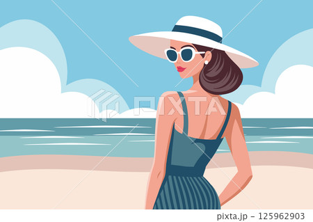 Woman in hat and sunglasses on the beach. Summer time, vacation concept. Travel illustration. Woman in hat and sunglasses on the beach. Summer time, vacation concept. Travel illustration. 125962903